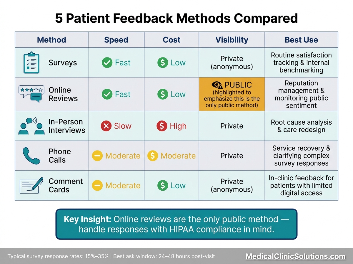 5 Patient Feedback Methods Compared: Speed, Cost & Best Use