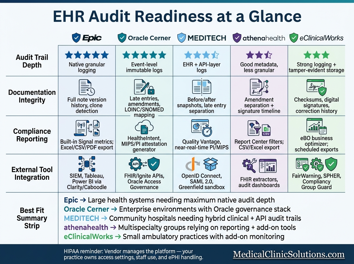 EHR Audit Readiness Comparison: Epic vs Oracle Cerner vs MEDITECH vs athenahealth vs eClinicalWorks